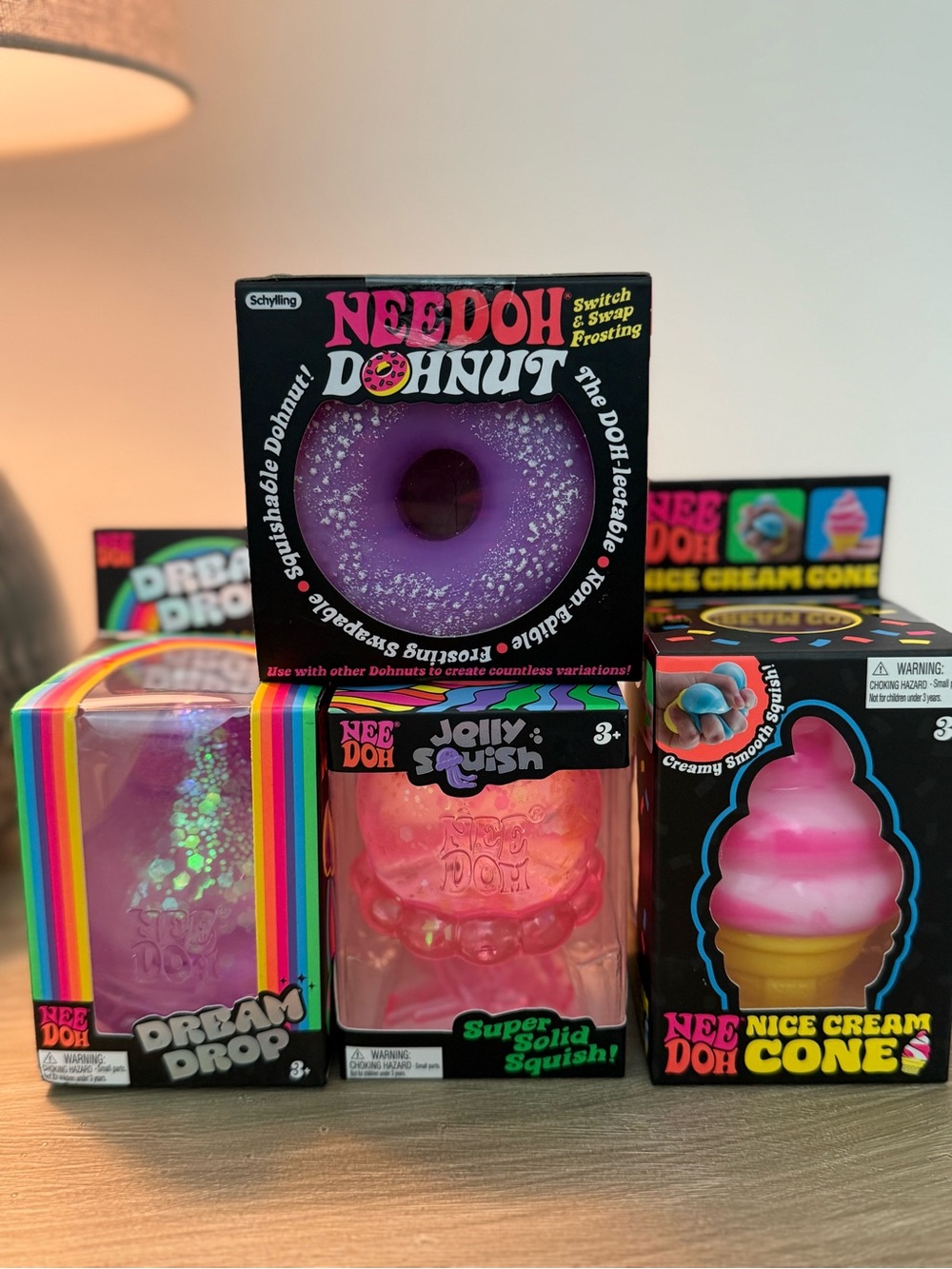 NeeDoh Bundle, dohnut, dream drop, nice cone, and jelly squish.